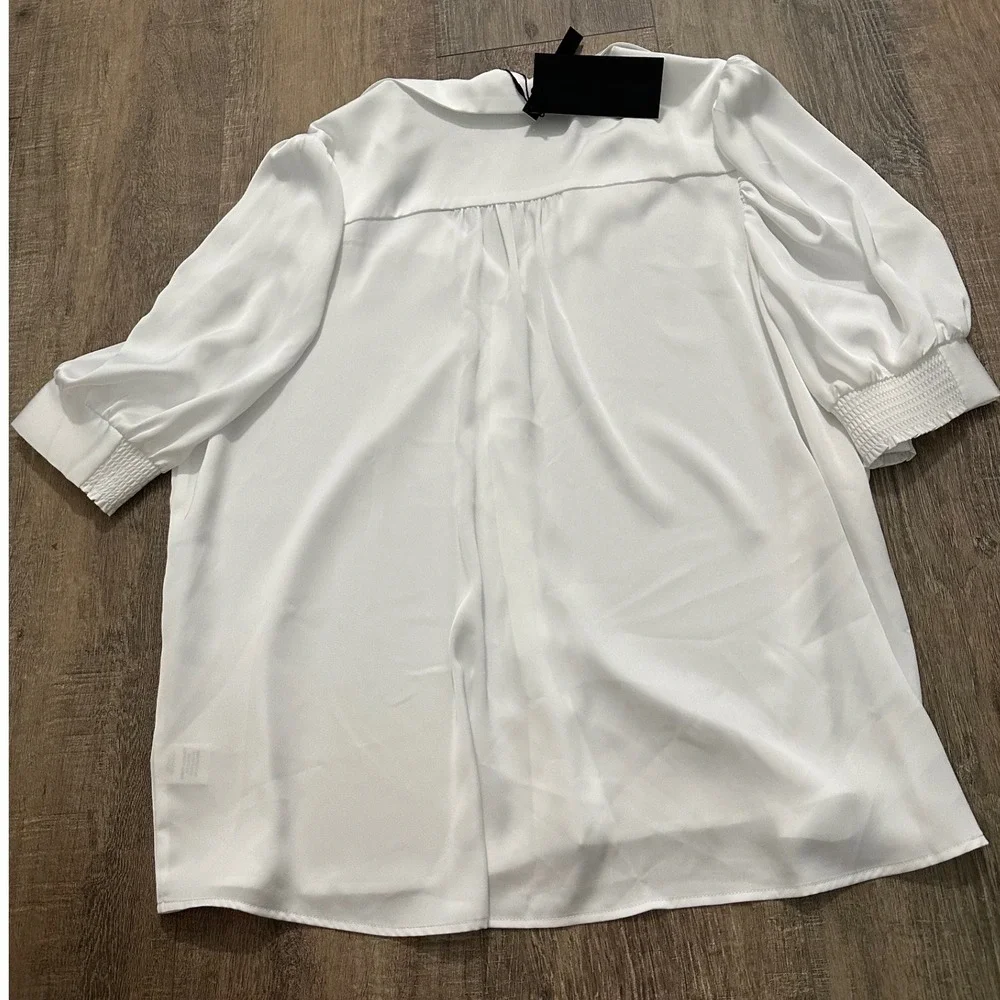 GiGi James Satin Puff Sleeve Button Down Subtle Sheen Blouse Large NWT $345 - Picture 2 of 6